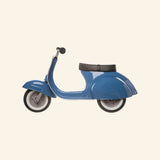 Side view of the AMBOSSTOYS PRIMO ride-on toy scooter in blue with a black seat.