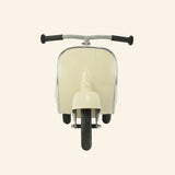 Front view of the cream AMBOSSTOYS PRIMO ride-on toy scooter with a brown seat.
