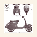 Dimensions graphic for the AMBOSSTOYS PRIMO ride-on toy scooter.