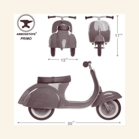Dimensions graphic for the AMBOSSTOYS PRIMO ride-on toy scooter.