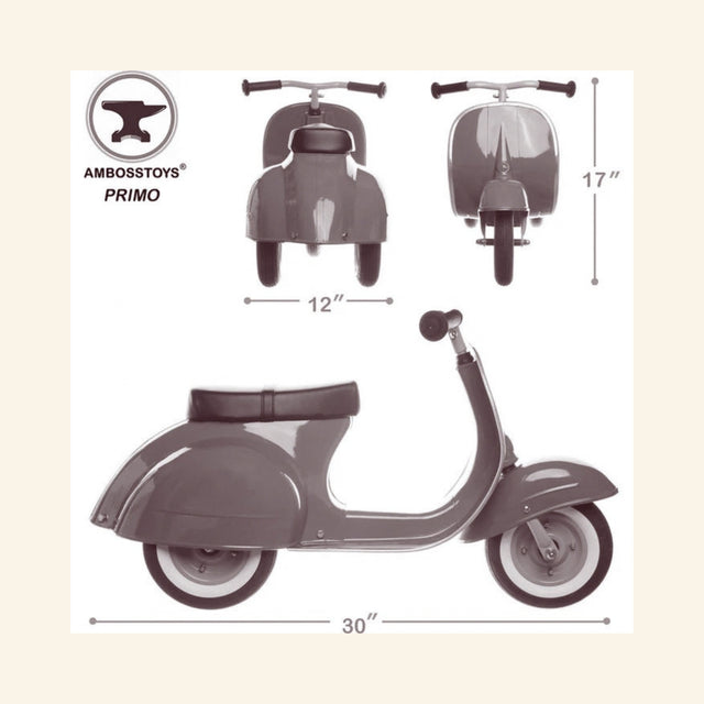 Dimensions graphic for the AMBOSSTOYS PRIMO ride-on toy scooter.