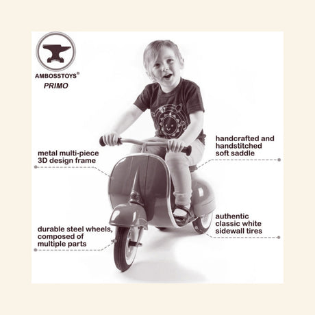 Child riding the AMBOSSTOYS PRIMO ride-on toy scooter with feature callouts highlighting key design details.