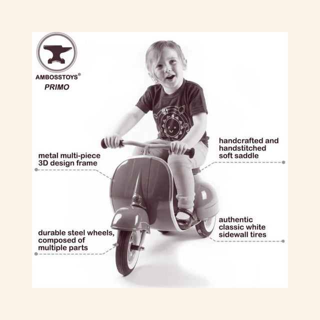 Child riding the AMBOSSTOYS PRIMO ride-on toy scooter with feature callouts highlighting key design details.