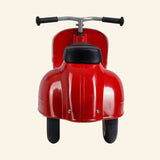 Rear view of the AMBOSSTOYS PRIMO ride-on toy scooter in red with a black seat.