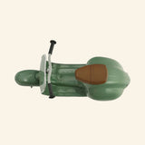 Top view of the AMBOSSTOYS PRIMO sage green ride-on toy with a brown seat.