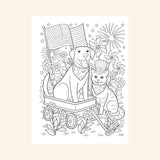 Interior coloring page from Americana: A Coloring Book featuring a patriotic dog and cat surrounded by flowers, fireworks, and American flags.