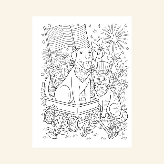 Interior coloring page from Americana: A Coloring Book featuring a patriotic dog and cat surrounded by flowers, fireworks, and American flags.
