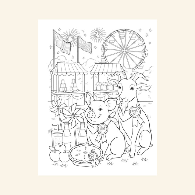 Interior coloring page from Americana: A Coloring Book featuring farm animals, a county fair, Ferris wheel, pies, and patriotic decorations.