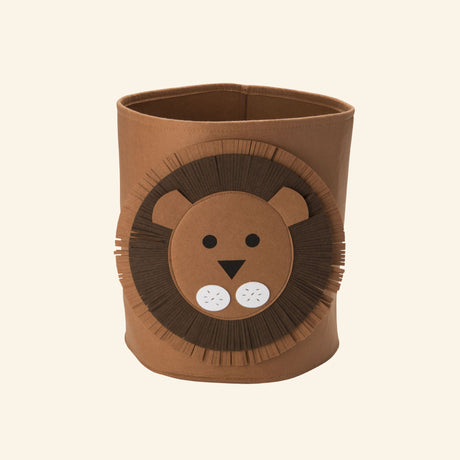 Brown felt storage bin with a friendly lion face and layered felt mane for fun children's room storage.