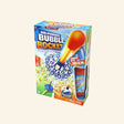 Bubble Rocket retail box showing an air-powered stomp launcher, orange-and-yellow foam-tipped rocket, blue bubble wand ring, bubble solution bottle, and graphics of bubbles streaming behind the rocket as it launches.