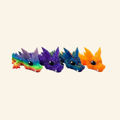 Classic Crystal Dragon assortment shown in multiple bright crystal colorways with fully articulated bodies, faceted texture, dragon heads, horns, and glossy eyes.
