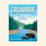 Cover of Colorado Nature & Wildlife Coloring Activity Book by Christina DiMari featuring a mountain landscape, river, evergreen forest, soaring eagle, and a mother black bear with her cub.