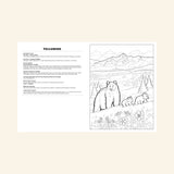 nterior activity page from Colorado Nature & Wildlife Coloring Activity Book featuring Telluride facts, reflection prompts, and a detailed coloring page of a black bear family in the San Juan Mountains.