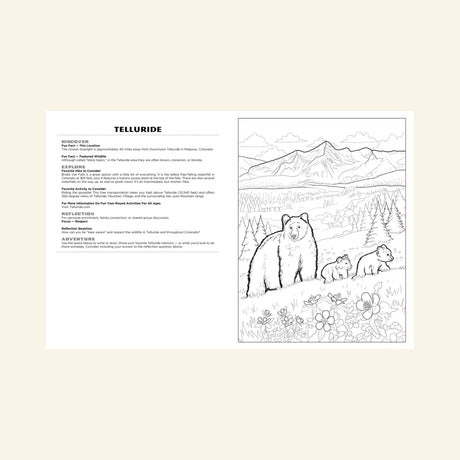 nterior activity page from Colorado Nature & Wildlife Coloring Activity Book featuring Telluride facts, reflection prompts, and a detailed coloring page of a black bear family in the San Juan Mountains.
