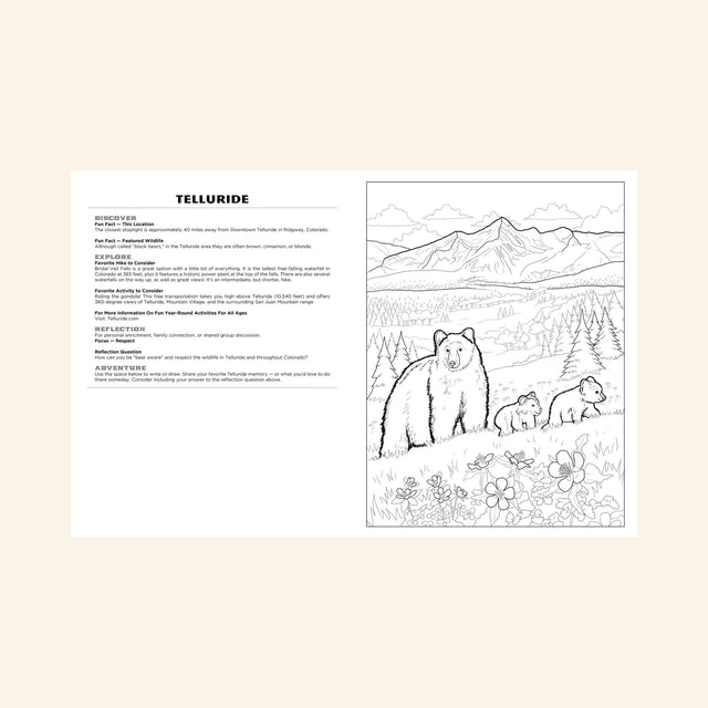 nterior activity page from Colorado Nature & Wildlife Coloring Activity Book featuring Telluride facts, reflection prompts, and a detailed coloring page of a black bear family in the San Juan Mountains.