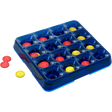 Blue game board with colorful game pieces on a white background
