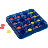 Blue game board with colorful game pieces on a white background