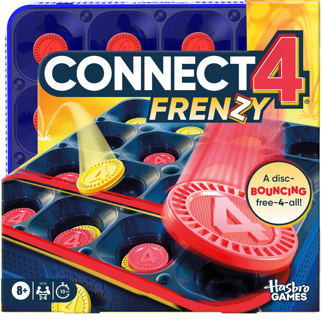 Box of Connect 4 Frenzy game with colorful discs and Hasbro Games branding.