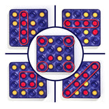 Multiple winning pattern examples for Connect 4 Frenzy showing vertical, horizontal, diagonal, and corner configurations.