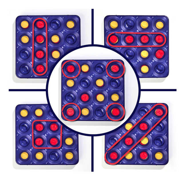 Multiple winning pattern examples for Connect 4 Frenzy showing vertical, horizontal, diagonal, and corner configurations.