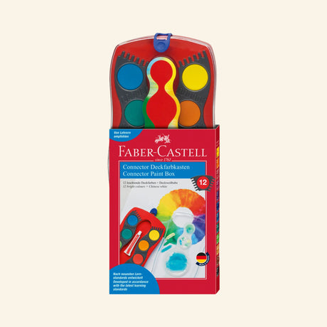 Faber-Castell Connector Paint Box with 12 vibrant watercolor paints in retail packaging.