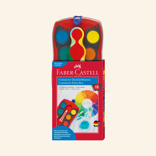 Faber-Castell Connector Paint Box with 12 vibrant watercolor paints in retail packaging.