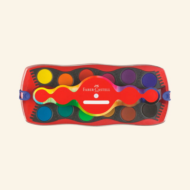 Open Faber-Castell Connector Paint Box showing 12 colorful paint pans and mixing palette.