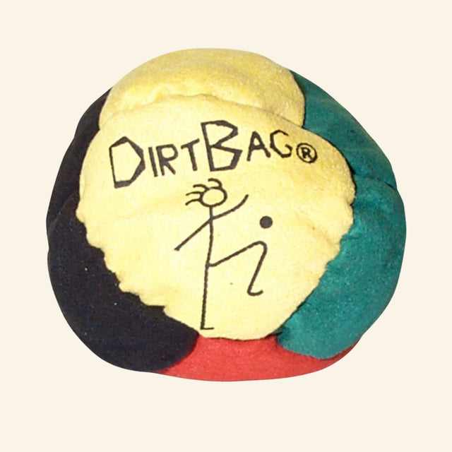 Dirtbag Classic Footbag in yellow, teal, black, and red synthetic suede panels with the Dirtbag logo and stick-figure artwork printed on the yellow center panel.