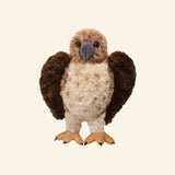 Douglas Orion Red-Tailed Hawk plush featuring soft feather-textured brown and cream fur, a reddish tail, amber eyes, gray beak, and realistic talons.