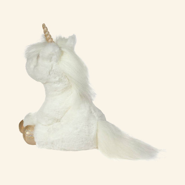 Douglas Toys Elodie White Unicorn Soft Plush shown from the back and side, featuring the soft white body, long flowing tail, fluffy mane, and gold hooves.