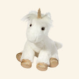 Douglas Toys Elodie White Unicorn Soft Plush shown from the front with a slightly turned pose, featuring a soft white coat, fluffy mane, gold horn, dark eyes, and sparkly golden hooves.