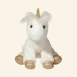 Douglas Toys Elodie White Unicorn Soft Plush shown from the front, sitting with soft white fur, fluffy mane, gold spiraled horn, dark eyes, and shimmery golden hooves.