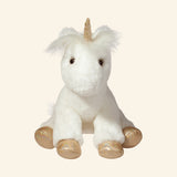 Douglas Toys Elodie White Unicorn Soft Plush shown from the front, sitting with soft white fur, fluffy mane, gold spiraled horn, dark eyes, and shimmery golden hooves.