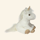 Douglas Toys Elodie White Unicorn Soft Plush shown from a side angle, highlighting the white plush body, long fluffy mane and tail, gold horn, and shimmery golden hooves.