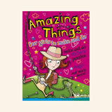 Front cover of Dover Amazing Things for Girls to Make and Do activity book showing a cartoon girl in an explorer hat holding a bow near a crocodile, with text highlighting stickers, puzzles, magic, and creative activities.