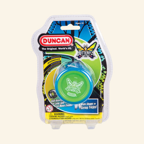 Duncan Butterfly XT Yo-Yo in retail packaging showing a green and blue yo-yo with butterfly logo, string included, modern performance graphics, and age 6+ guidance.