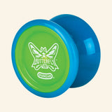Duncan Butterfly XT Yo-Yo shown unboxed in green and blue, highlighting the wide butterfly shape, rounded profile, and white Butterfly XT logo on the green center.