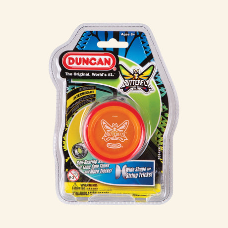 Duncan Butterfly XT Yo-Yo in retail packaging showing an orange and red yo-yo with butterfly logo, string included, modern performance graphics, and age 6+ guidance.