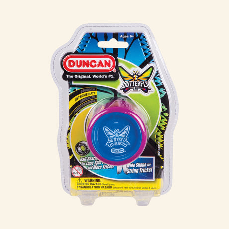 Duncan Butterfly XT Yo-Yo in retail packaging showing a pink and blue yo-yo with butterfly logo, string included, modern performance graphics, and age 6+ guidance.