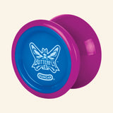 Duncan Butterfly XT Yo-Yo shown unboxed in pink and blue, highlighting the wide butterfly shape, rounded profile, and white Butterfly XT logo on the blue center.