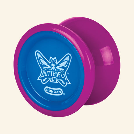 Duncan Butterfly XT Yo-Yo shown unboxed in pink and blue, highlighting the wide butterfly shape, rounded profile, and white Butterfly XT logo on the blue center.