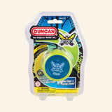 Duncan Butterfly XT Yo-Yo in retail packaging showing a yellow and blue yo-yo with butterfly logo, string included, modern performance graphics, and age 6+ guidance.