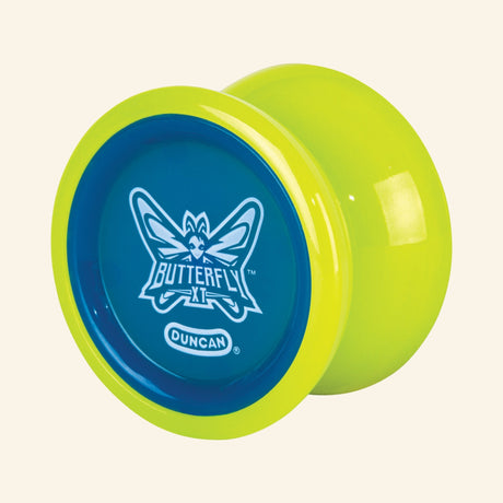 Duncan Butterfly XT Yo-Yo shown unboxed in yellow and blue, highlighting the wide butterfly shape, rounded profile, and white Butterfly XT logo on the blue center.