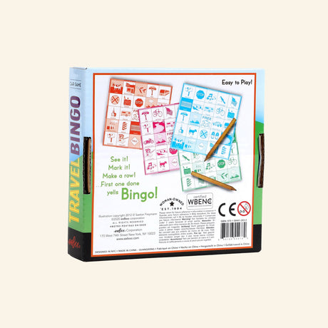 Back of the eeBoo Travel Bingo Game Set box showing four colorful bingo cards, pencils, game instructions, award seal, illustrator information, and UPC label.