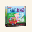 eeBoo Travel Bingo Game Set front box showing colorful travel bingo cards, four pencils, animal characters riding in a red car, and “Make Every Drive a Happy One!” text.