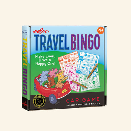 eeBoo Travel Bingo Game Set front box showing colorful travel bingo cards, four pencils, animal characters riding in a red car, and “Make Every Drive a Happy One!” text.