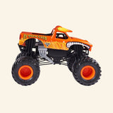 Monster Jam El Toro Loco Rev ’N Roar monster truck shown from the side, featuring an orange bull-themed body with flame graphics, horns, oversized black BKT tires, orange wheel hubs, and exposed suspension.