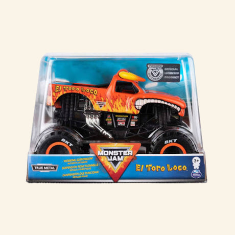 Monster Jam El Toro Loco Rev ’N Roar 1:15 scale monster truck displayed inside its retail packaging, showing the orange bull-themed truck, oversized BKT tires, and Monster Jam branding.