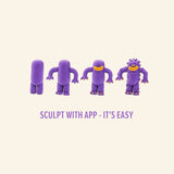 Fat Brain Toys Hey Clay – Monsters app instruction graphic showing purple monster sculpting steps and the text “Sculpt with app — it’s easy.”