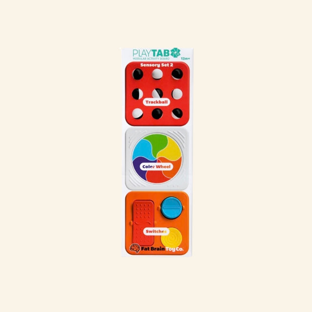 Fat Brain Toys PlayTab Set of Three Sensory Tiles – Set #2 shown as a vertical set of three magnetic activity tiles, including a red tactile button tile, colorful spinning color wheel tile, and orange slider-and-button sensory tile.